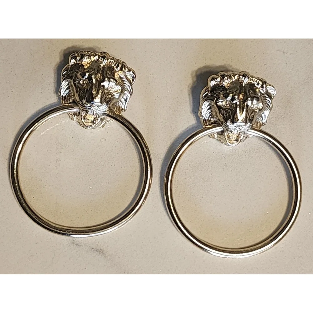 Vintage Gold Tone Lion Head Door Knocker Hoop Earrings Statement Leo